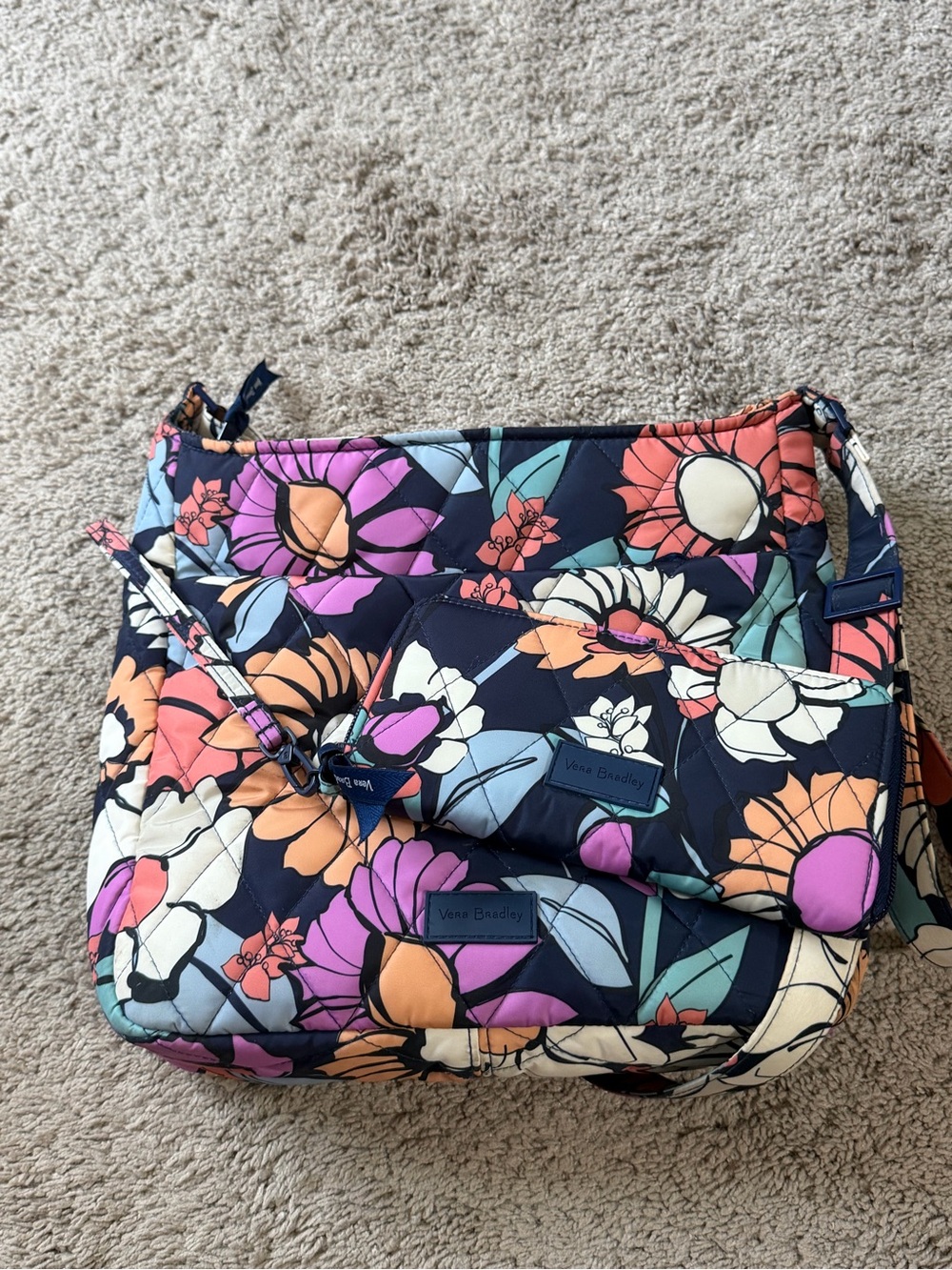 Vera Bradley Navy Floral Quilted Crossbody with Coral & Purple Blooms